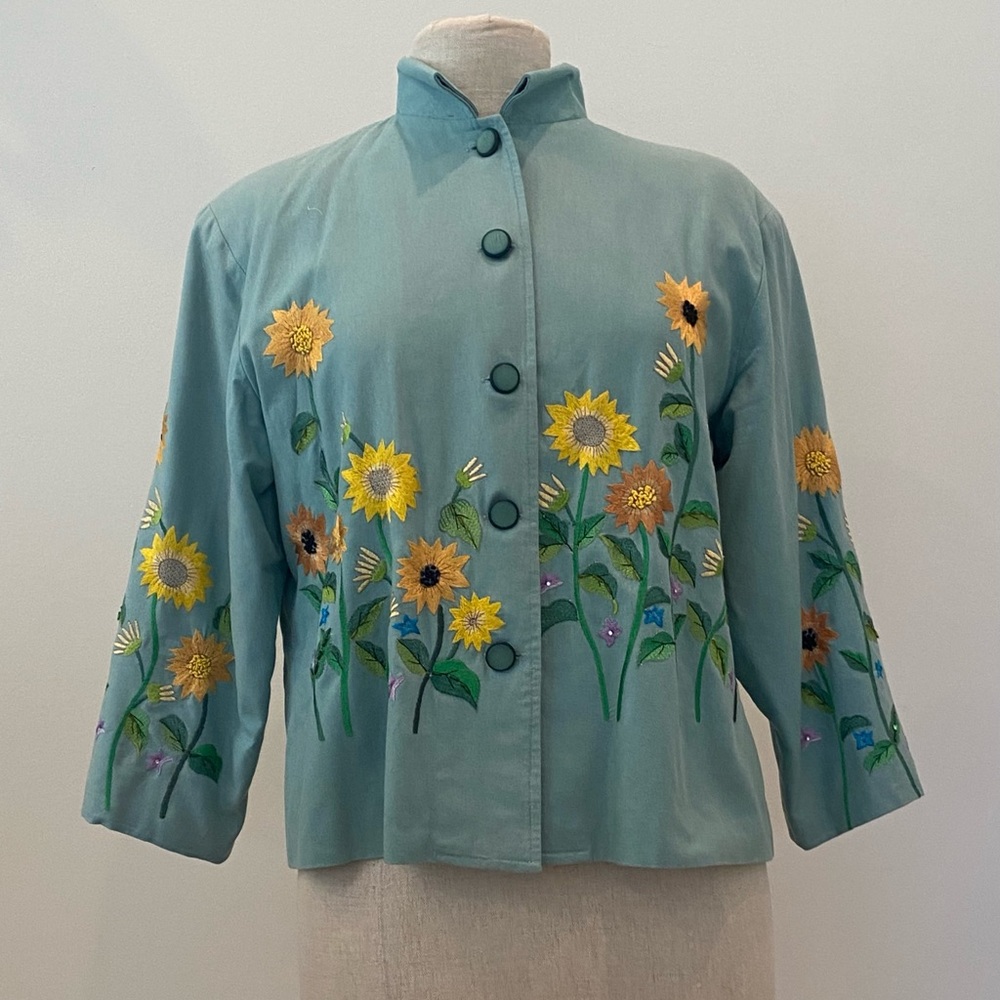 Bala Bala Womens Teal Blazer w Embroidered Colorful Flowers W Beads / Size M